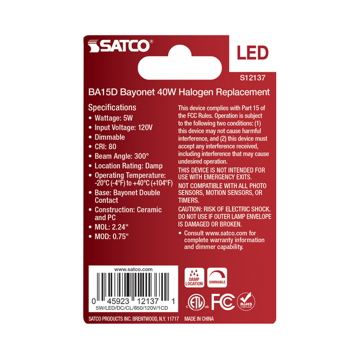 SATCO/NUVO 5W Mini LED Bayonet Double Contact BA15d Base 5000K Clear Finish 120V (S12137)