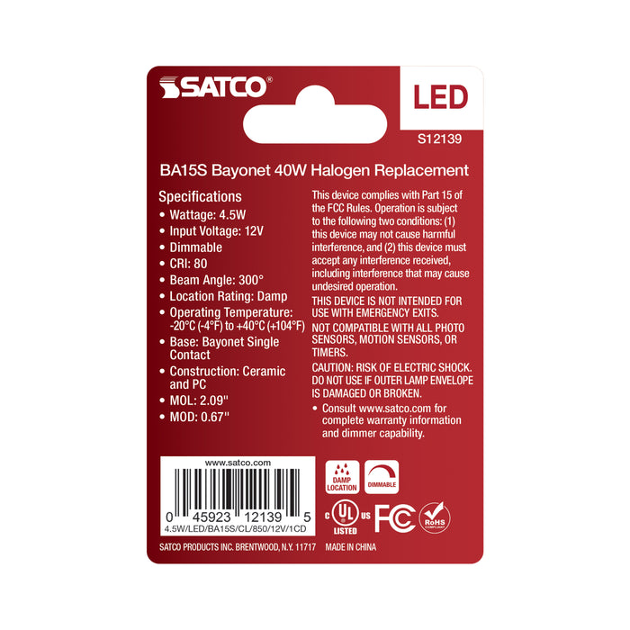SATCO/NUVO 4.5W Mini LED Bayonet Single Contact BA15s Base 5000K Clear Finish 120V (S12139)