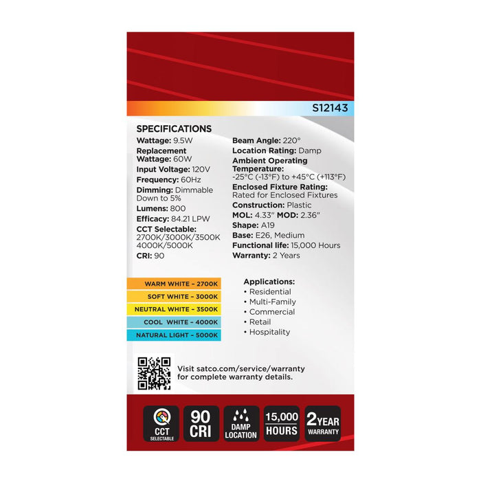 SATCO/NUVO 9.5W LED A19 CCT Selectable 2700K/3000K/3500K/4000K/5000K Medium E26 Base 120V (S12143)