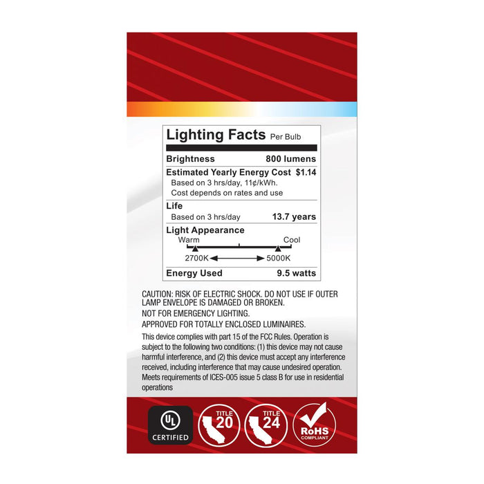 SATCO/NUVO 9.5W LED A19 CCT Selectable 2700K/3000K/3500K/4000K/5000K Medium E26 Base 120V (S12143)