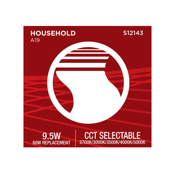 SATCO/NUVO 9.5W LED A19 CCT Selectable 2700K/3000K/3500K/4000K/5000K Medium E26 Base 120V (S12143)