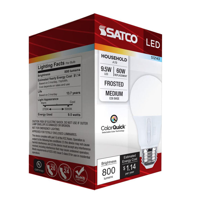 SATCO/NUVO 9.5W LED A19 CCT Selectable 2700K/3000K/3500K/4000K/5000K Medium E26 Base 120V (S12143)