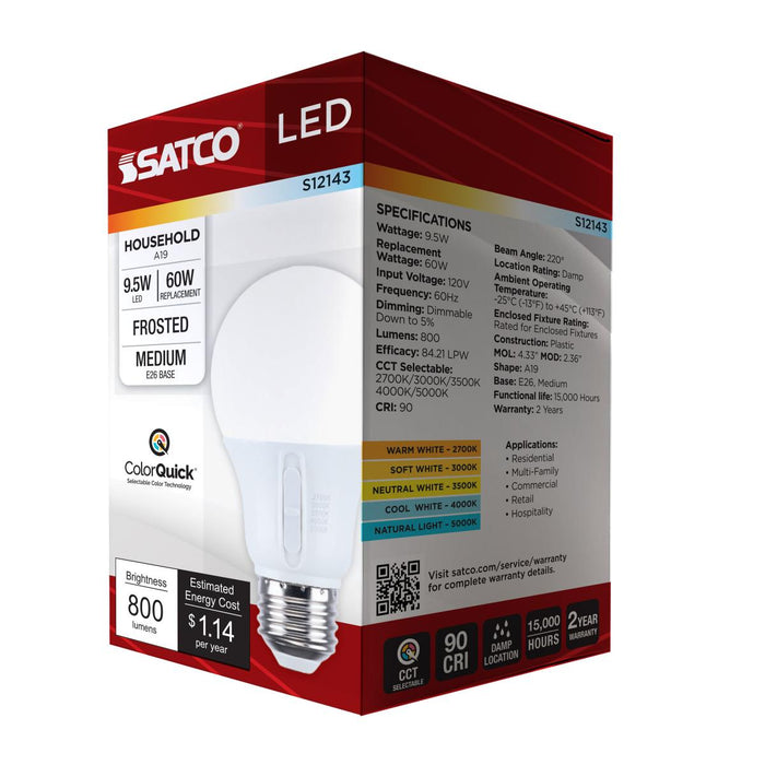SATCO/NUVO 9.5W LED A19 CCT Selectable 2700K/3000K/3500K/4000K/5000K Medium E26 Base 120V (S12143)