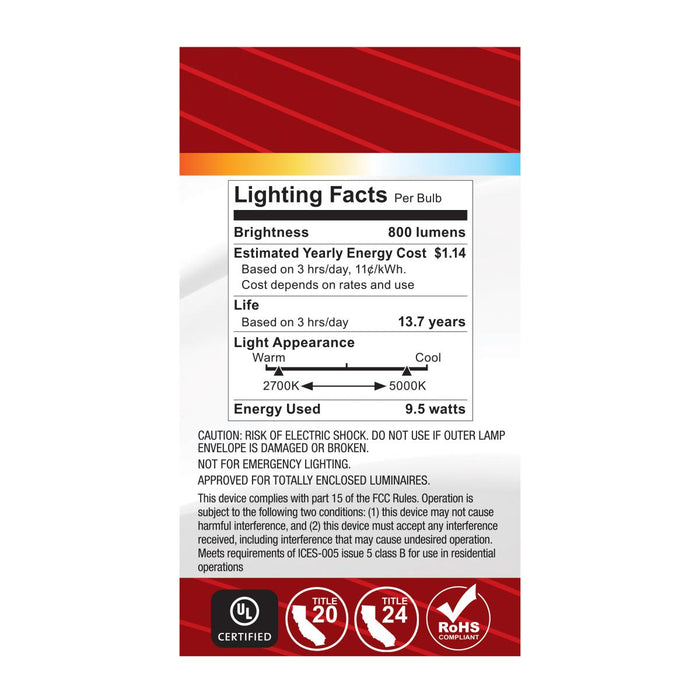 SATCO/NUVO 9.5W LED A19 CCT Selectable 2700K/3000K/3500K/4000K/5000K GU24 Base 120V (S12144)