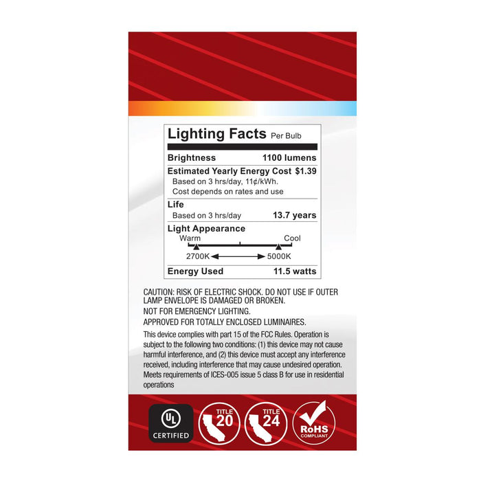 SATCO/NUVO 11.5W LED A19 CCT Selectable 2700K/3000K/3500K/4000K/5000K Medium E26 Base 120V (S12145)