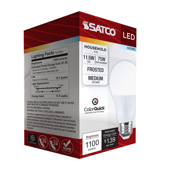 SATCO/NUVO 11.5W LED A19 CCT Selectable 2700K/3000K/3500K/4000K/5000K Medium E26 Base 120V (S12145)