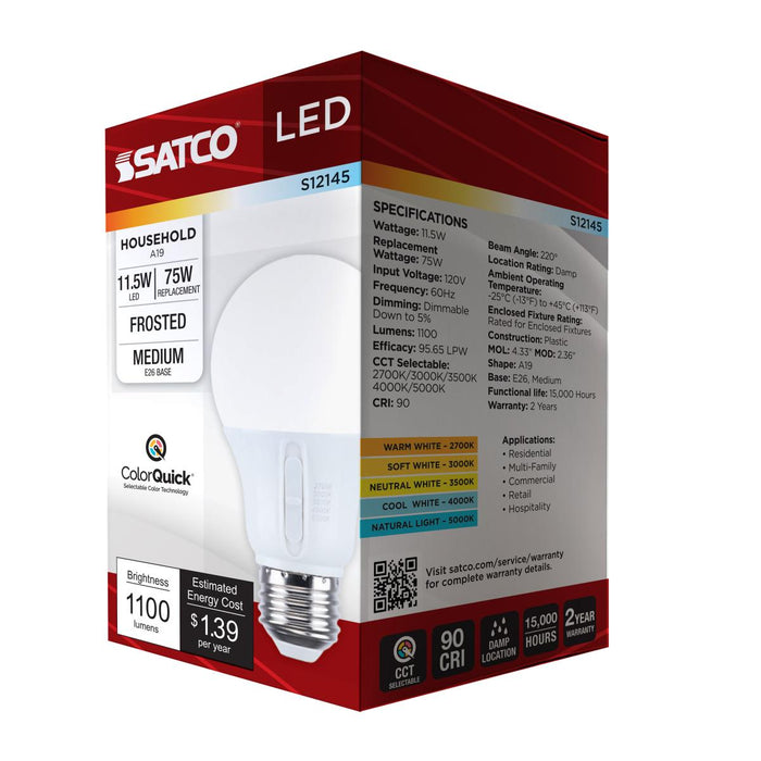 SATCO/NUVO 11.5W LED A19 CCT Selectable 2700K/3000K/3500K/4000K/5000K Medium E26 Base 120V (S12145)