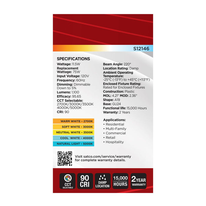 SATCO/NUVO 11.5W LED A19 CCT Selectable 2700K/3000K/3500K/4000K/5000K GU24 Base 120V (S12146)