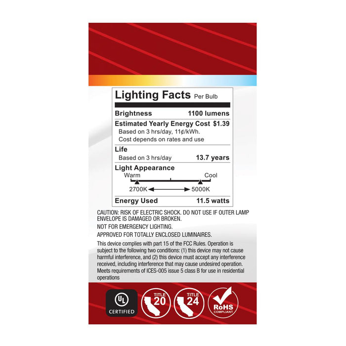 SATCO/NUVO 11.5W LED A19 CCT Selectable 2700K/3000K/3500K/4000K/5000K GU24 Base 120V (S12146)