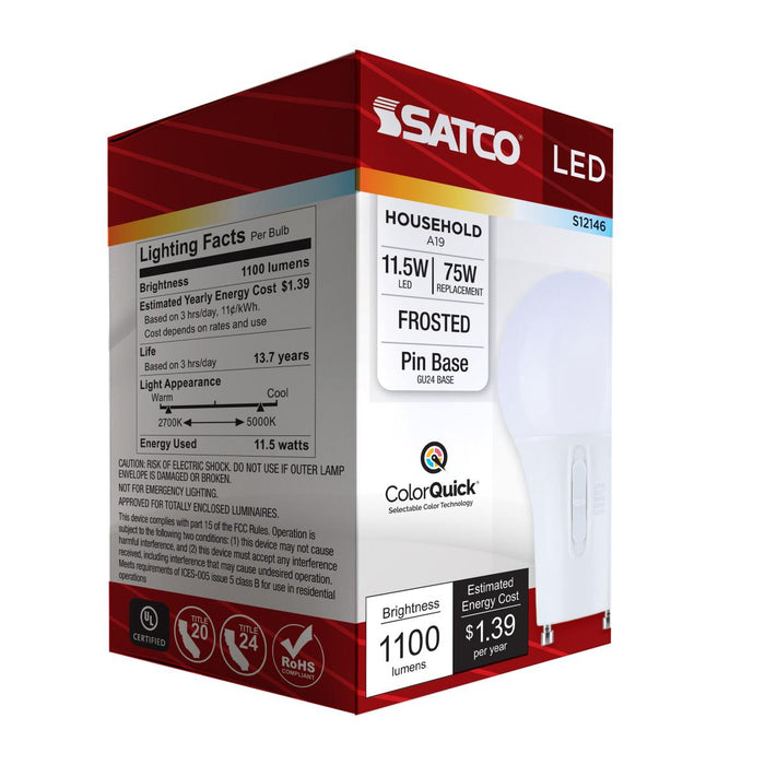 SATCO/NUVO 11.5W LED A19 CCT Selectable 2700K/3000K/3500K/4000K/5000K GU24 Base 120V (S12146)