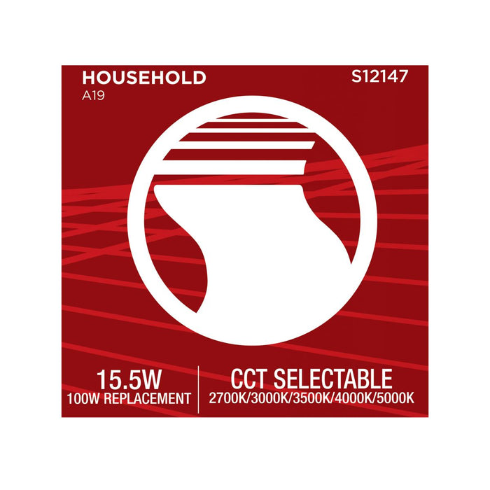 SATCO/NUVO 15.5W LED A19 CCT Selectable 2700K/3000K/3500K/4000K/5000K Medium E26 Base 120V (S12147)