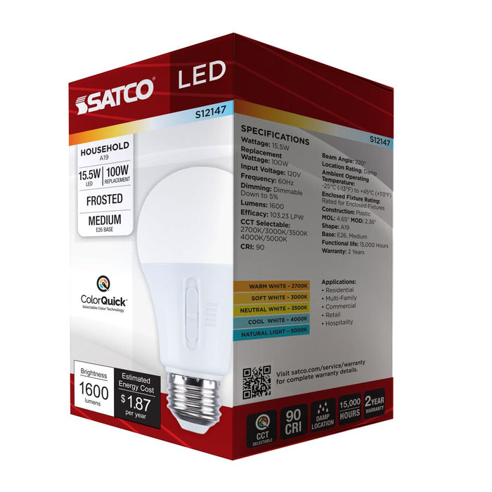 SATCO/NUVO 15.5W LED A19 CCT Selectable 2700K/3000K/3500K/4000K/5000K Medium E26 Base 120V (S12147)