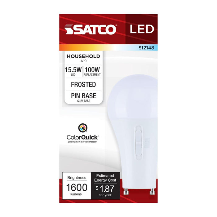 SATCO/NUVO 15.5W LED A19 CCT Selectable 2700K/3000K/3500K/4000K/5000K GU24 Base 120V (S12148)