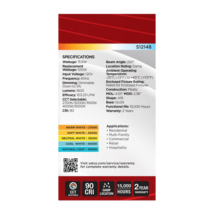 SATCO/NUVO 15.5W LED A19 CCT Selectable 2700K/3000K/3500K/4000K/5000K GU24 Base 120V (S12148)