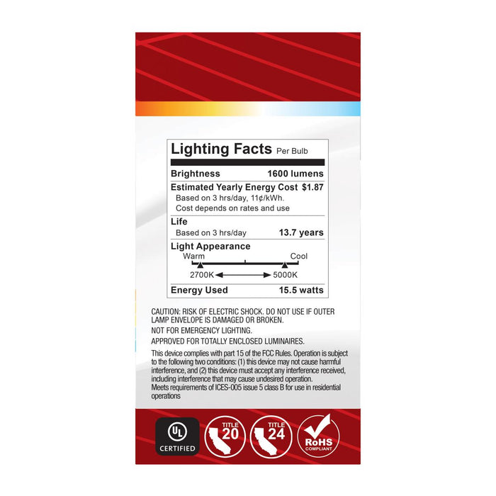 SATCO/NUVO 15.5W LED A19 CCT Selectable 2700K/3000K/3500K/4000K/5000K GU24 Base 120V (S12148)