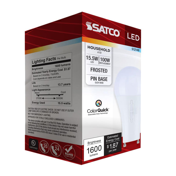 SATCO/NUVO 15.5W LED A19 CCT Selectable 2700K/3000K/3500K/4000K/5000K GU24 Base 120V (S12148)