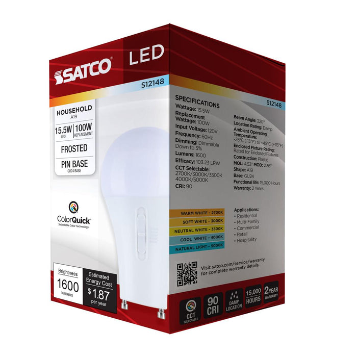 SATCO/NUVO 15.5W LED A19 CCT Selectable 2700K/3000K/3500K/4000K/5000K GU24 Base 120V (S12148)