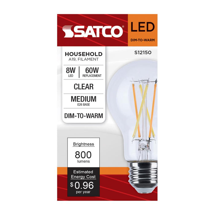 SATCO/NUVO 8W LED A19 3000K-2000K Warm Dimming Medium E26 Base 120V 90 CRI Clear Finish (S12150)