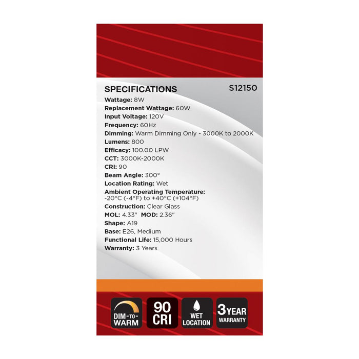 SATCO/NUVO 8W LED A19 3000K-2000K Warm Dimming Medium E26 Base 120V 90 CRI Clear Finish (S12150)
