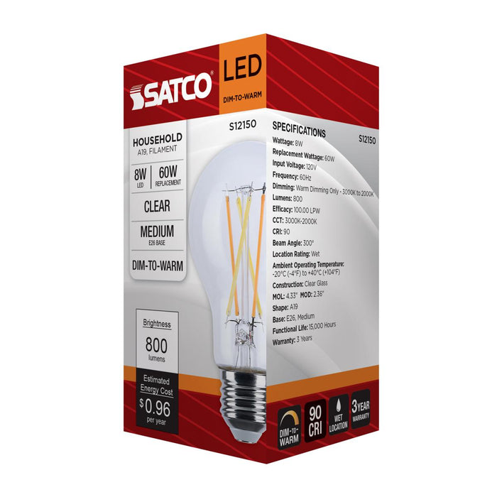 SATCO/NUVO 8W LED A19 3000K-2000K Warm Dimming Medium E26 Base 120V 90 CRI Clear Finish (S12150)