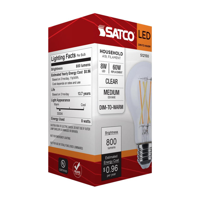 SATCO/NUVO 8W LED A19 3000K-2000K Warm Dimming Medium E26 Base 120V 90 CRI Clear Finish (S12150)