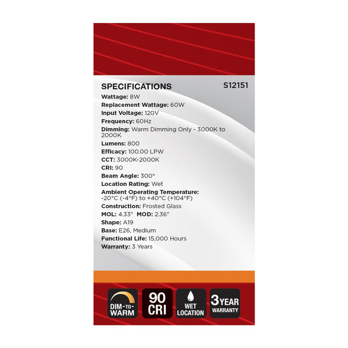 SATCO/NUVO 8W LED A19 3000K-2000K Warm Dimming Medium E26 Base 120V 90 CRI Frost Finish (S12151)