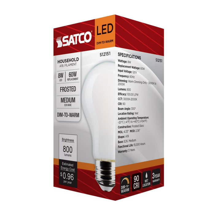 SATCO/NUVO 8W LED A19 3000K-2000K Warm Dimming Medium E26 Base 120V 90 CRI Frost Finish (S12151)