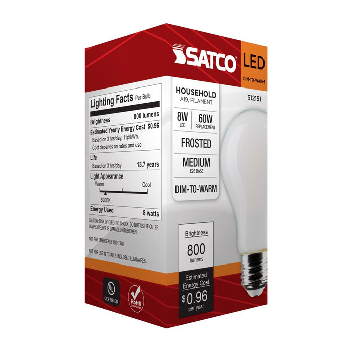 SATCO/NUVO 8W LED A19 3000K-2000K Warm Dimming Medium E26 Base 120V 90 CRI Frost Finish (S12151)