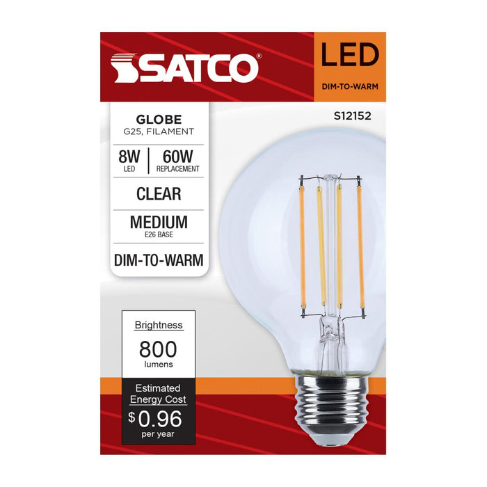 SATCO/NUVO 8W LED G25 3000K-2000K Warm Dimming Medium E26 Base 120V 90 CRI Clear Finish (S12152)