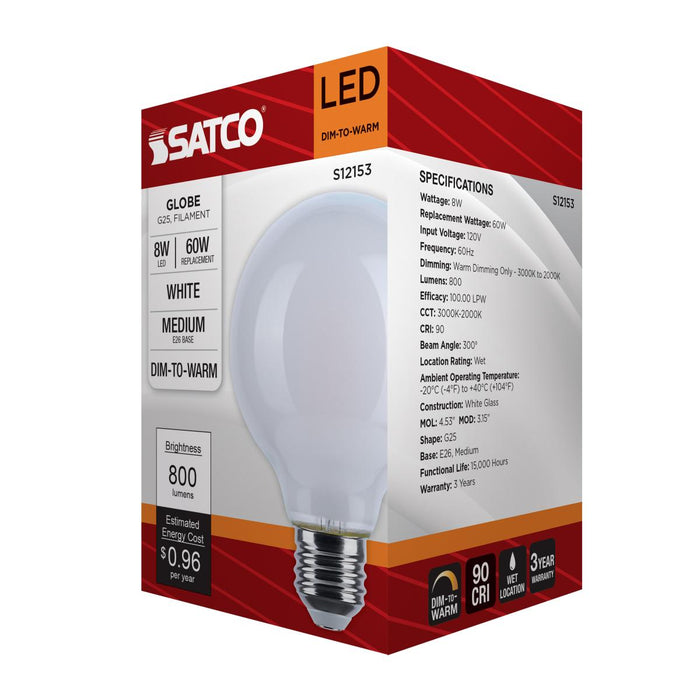 SATCO/NUVO 8W LED G25 3000K-2000K Warm Dimming Medium E26 Base 120V 90 CRI White Finish (S12153)