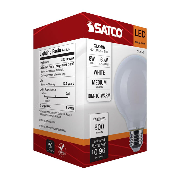 SATCO/NUVO 8W LED G25 3000K-2000K Warm Dimming Medium E26 Base 120V 90 CRI White Finish (S12153)