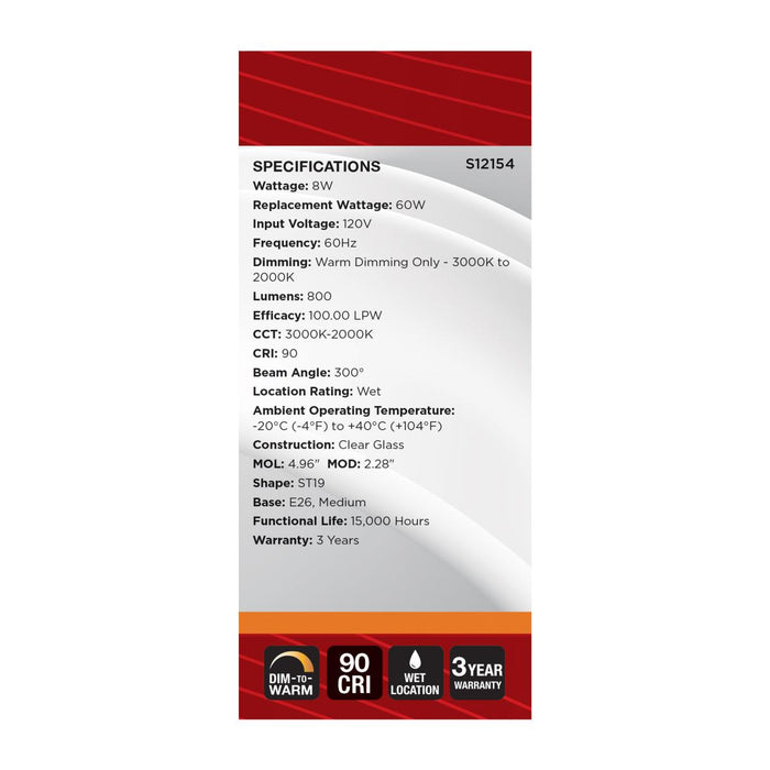 SATCO/NUVO 8W LED ST19 3000K-2000K Warm Dimming Medium E26 Base 120V 90 CRI Clear Finish (S12154)