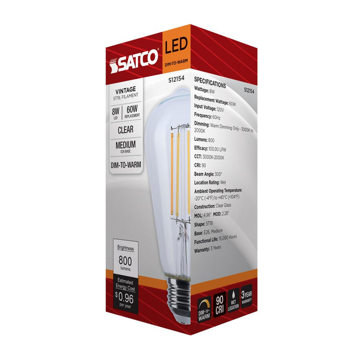 SATCO/NUVO 8W LED ST19 3000K-2000K Warm Dimming Medium E26 Base 120V 90 CRI Clear Finish (S12154)