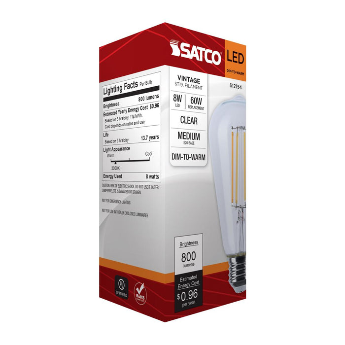 SATCO/NUVO 8W LED ST19 3000K-2000K Warm Dimming Medium E26 Base 120V 90 CRI Clear Finish (S12154)