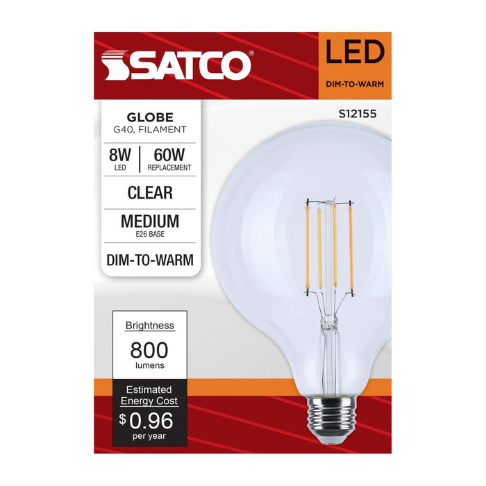 SATCO/NUVO 8W LED G40 3000K-2000K Warm Dimming Medium E26 Base 120V 90 CRI Clear Finish (S12155)
