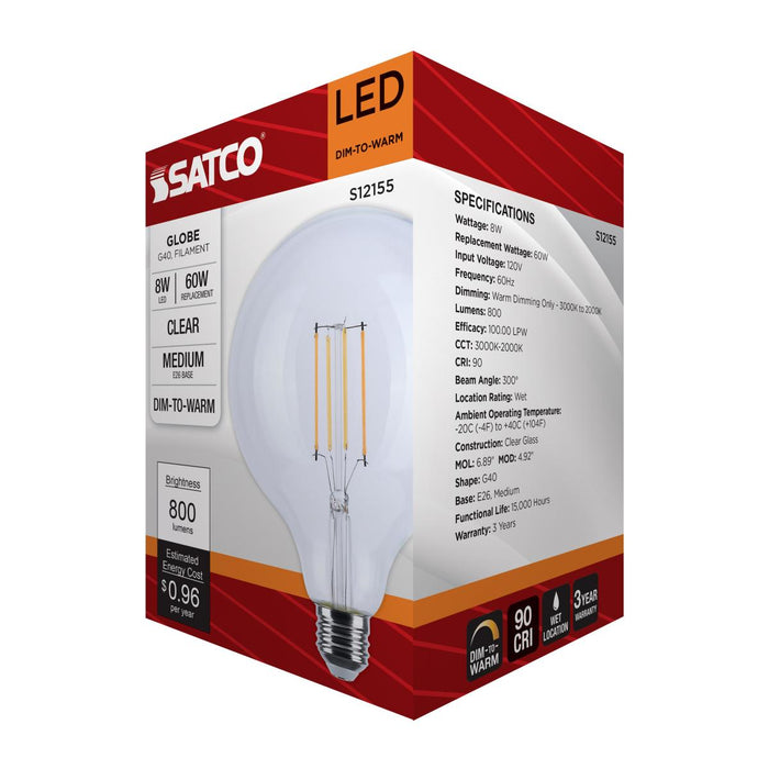 SATCO/NUVO 8W LED G40 3000K-2000K Warm Dimming Medium E26 Base 120V 90 CRI Clear Finish (S12155)