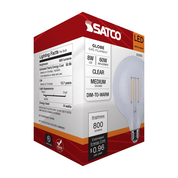 SATCO/NUVO 8W LED G40 3000K-2000K Warm Dimming Medium E26 Base 120V 90 CRI Clear Finish (S12155)