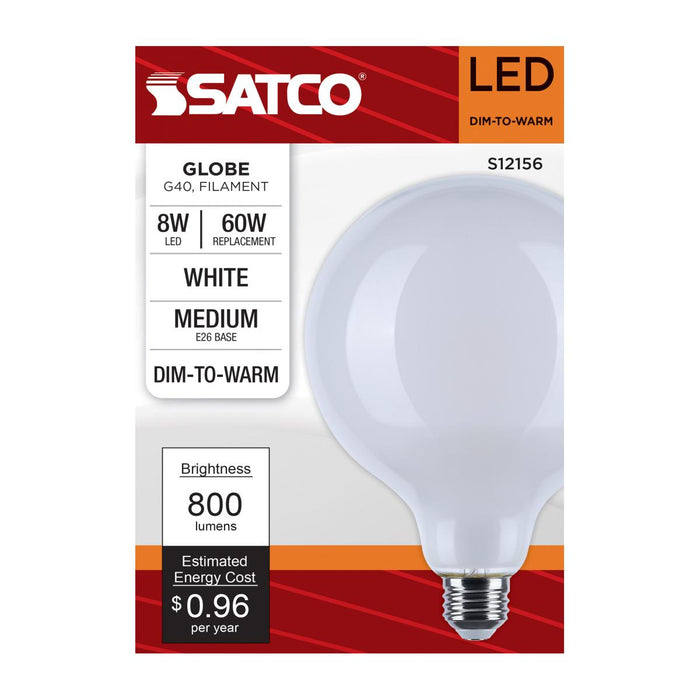 SATCO/NUVO 8W LED G40 3000K-2000K Warm Dimming Medium E26 Base 120V 90 CRI White Finish (S12156)
