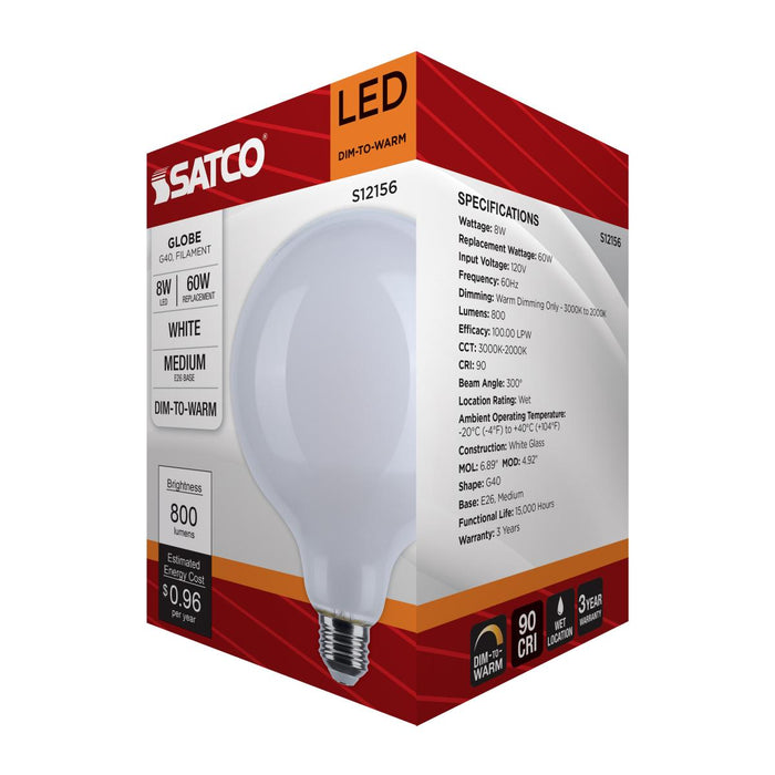 SATCO/NUVO 8W LED G40 3000K-2000K Warm Dimming Medium E26 Base 120V 90 CRI White Finish (S12156)