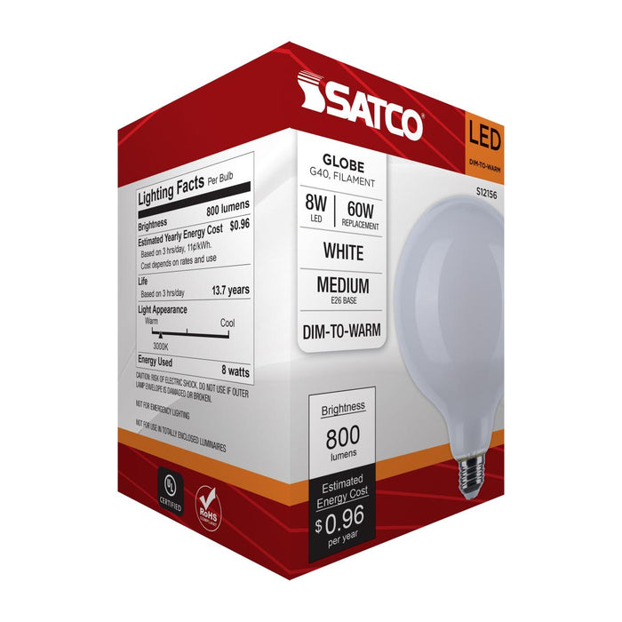 SATCO/NUVO 8W LED G40 3000K-2000K Warm Dimming Medium E26 Base 120V 90 CRI White Finish (S12156)