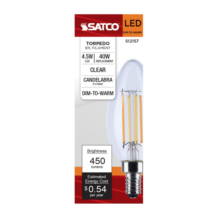 SATCO/NUVO 4.5W LED B11 3000K-2000K Warm Dimming Candelabra E12 Base 120V 90 CRI Clear Finish (S12157)
