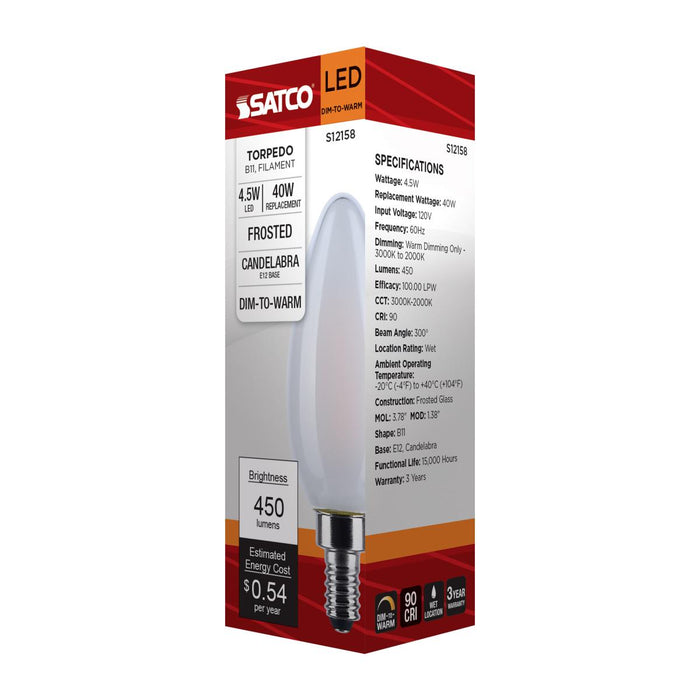 SATCO/NUVO 4.5W LED B11 3000K-2000K Warm Dimming Candelabra E12 Base 120V 90 CRI Frost Finish (S12158)