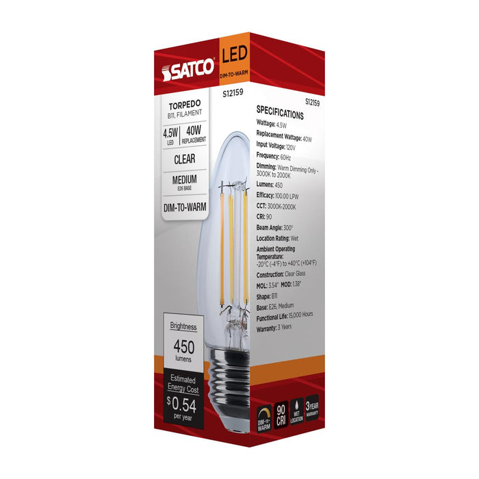 SATCO/NUVO 4.5W LED B11 3000K-2000K Warm Dimming Medium E26 Base 120V 90 CRI Clear Finish (S12159)