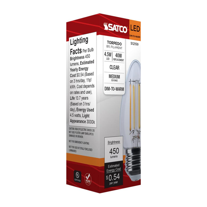 SATCO/NUVO 4.5W LED B11 3000K-2000K Warm Dimming Medium E26 Base 120V 90 CRI Clear Finish (S12159)