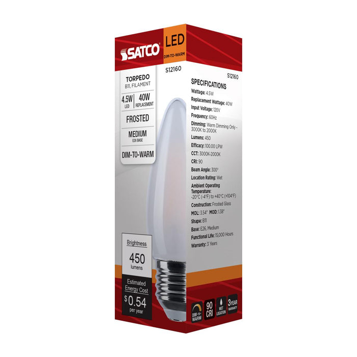 SATCO/NUVO 4.5W LED B11 3000K-2000K Warm Dimming Medium E26 Base 120V 90 CRI Frost Finish (S12160)