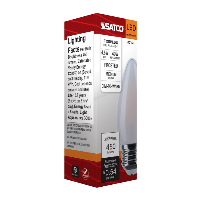 SATCO/NUVO 4.5W LED B11 3000K-2000K Warm Dimming Medium E26 Base 120V 90 CRI Frost Finish (S12160)