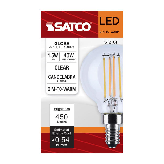 SATCO/NUVO 4.5W LED G16.5 3000K-2000K Warm Dimming Candelabra E12 Base 120V 90 CRI Clear Finish (S12161)