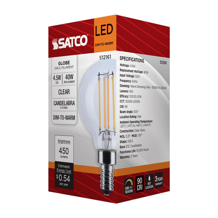 SATCO/NUVO 4.5W LED G16.5 3000K-2000K Warm Dimming Candelabra E12 Base 120V 90 CRI Clear Finish (S12161)