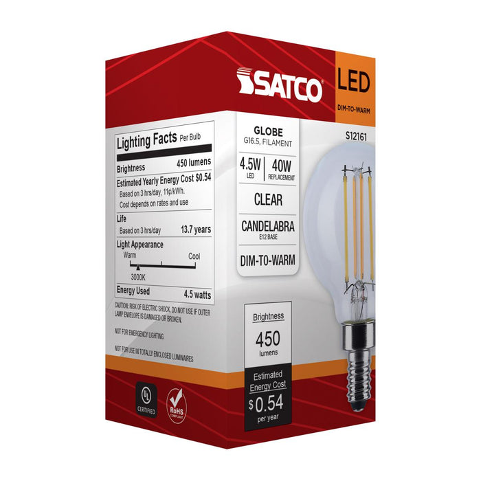 SATCO/NUVO 4.5W LED G16.5 3000K-2000K Warm Dimming Candelabra E12 Base 120V 90 CRI Clear Finish (S12161)