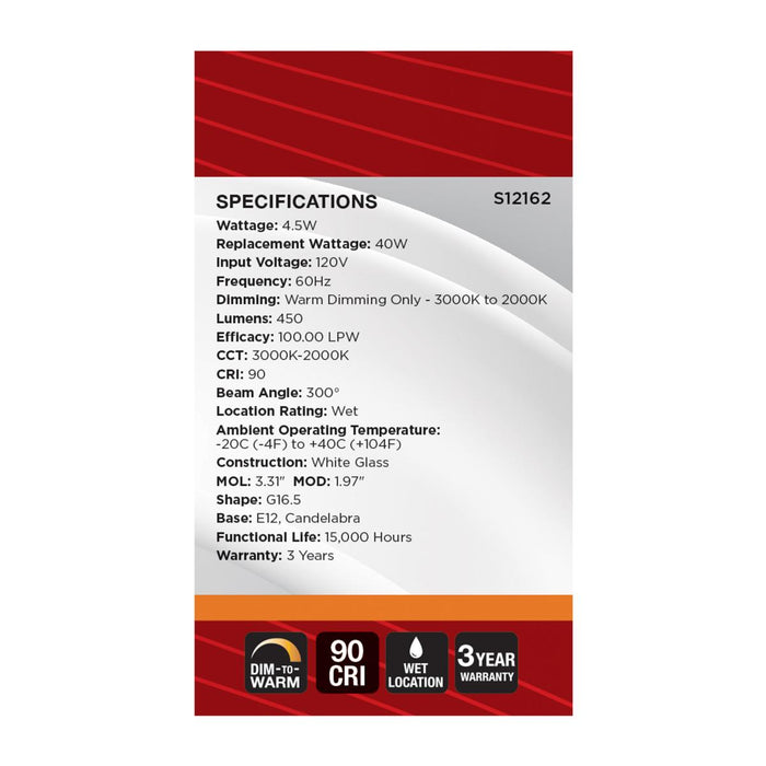 SATCO/NUVO 4.5W LED G16.5 3000K-2000K Warm Dimming Candelabra E12 Base 120V 90 CRI White Finish (S12162)